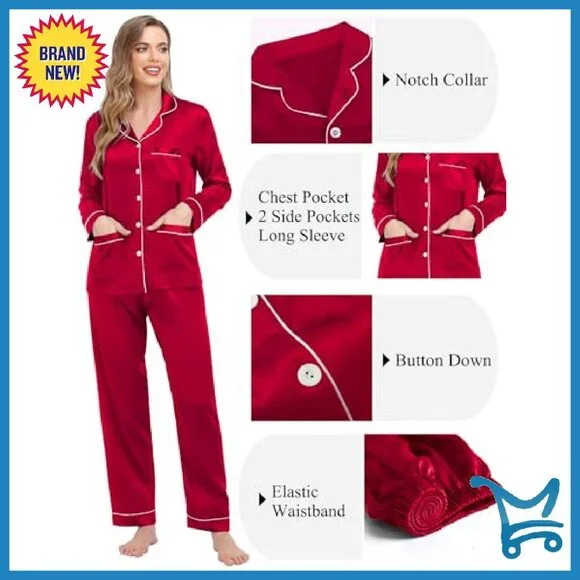 Satin Couples Pajama Set Long Sleeve Button Down Sleepwear with Pockets